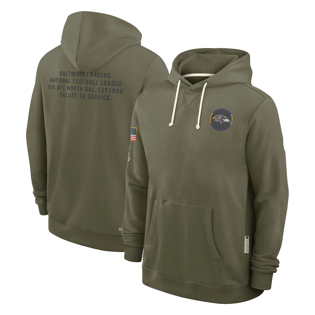 B.Ravens Olive 2025 Salute to Service Sideline Standard Issue Dri-FIT Hoodie Stitched American Football Jerseys