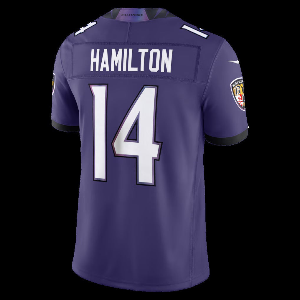 B.Ravens #14 Kyle Hamilton Purple Vapor F.U.S.E. Sewn Down Limited Stitched Football American Jersey
